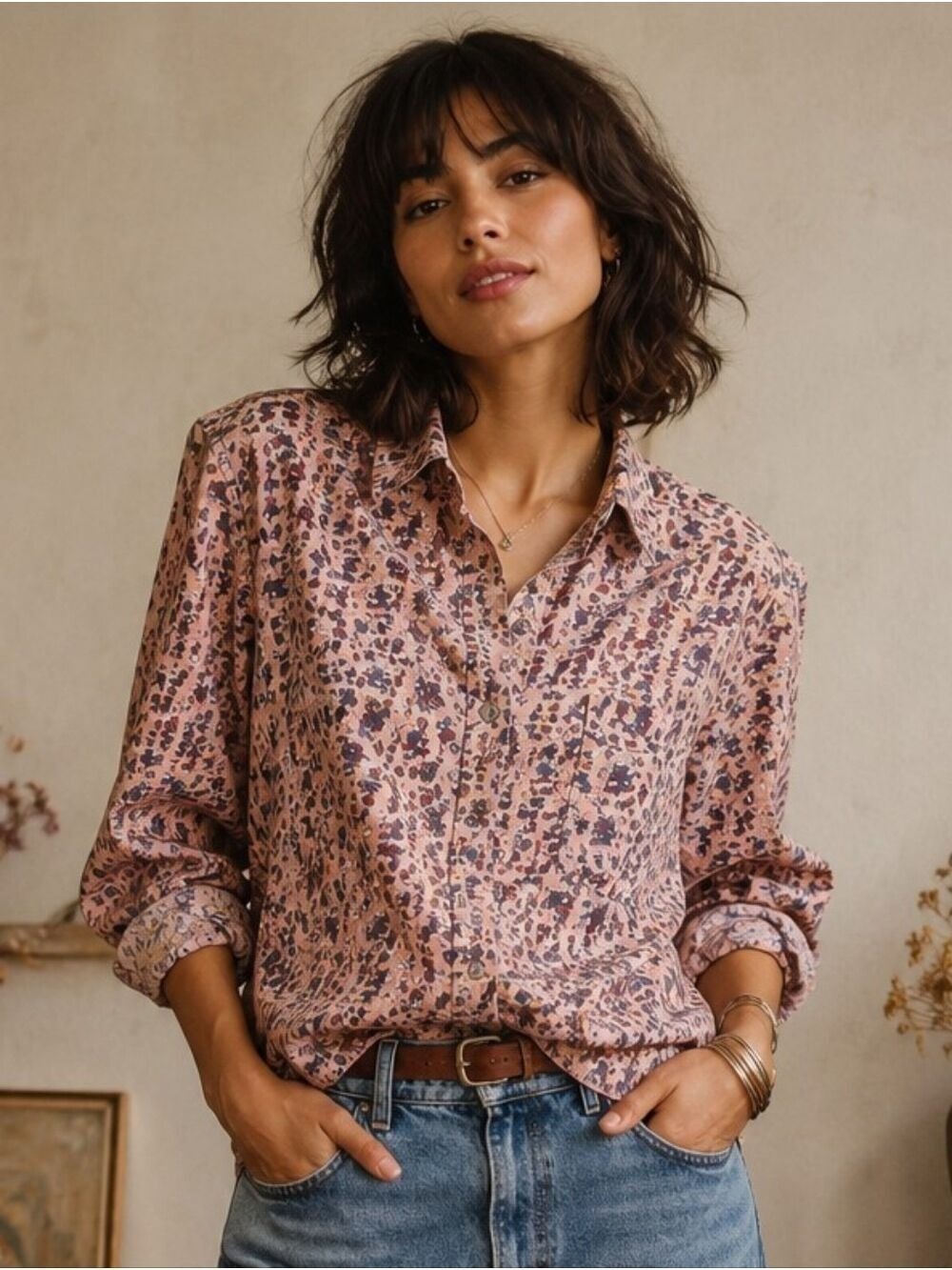 VINTAGE PINK FLORAL BUTTON-DOWN COTTON SHIRT SHOULDER PAD BLOUSE M/L